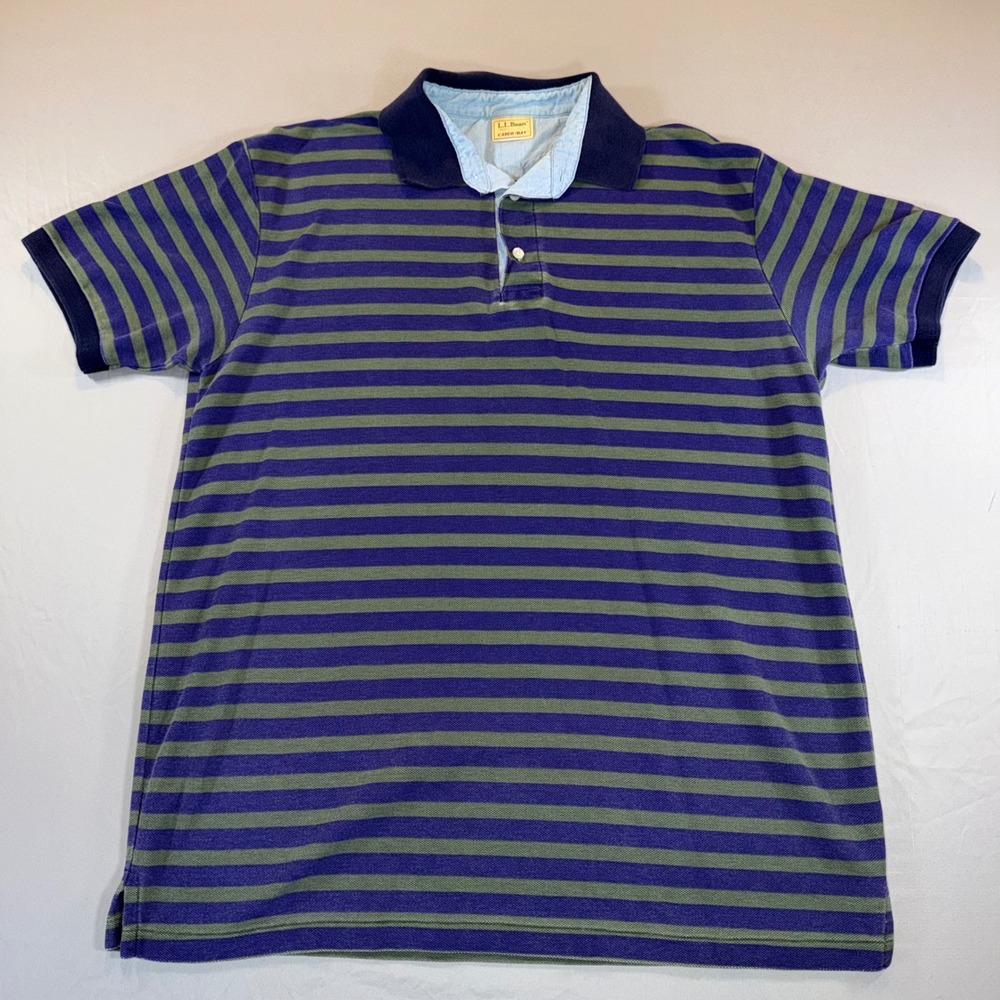 LL Bean Casco Bay Mens Vintage Polo Shirt Purple Green Stripe Short Sleeve Large